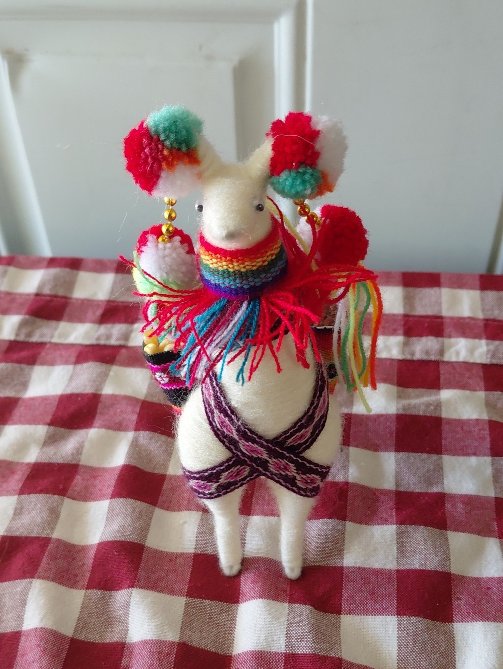 Handmade Peruvian-style White Llama with Colorful Pom Poms